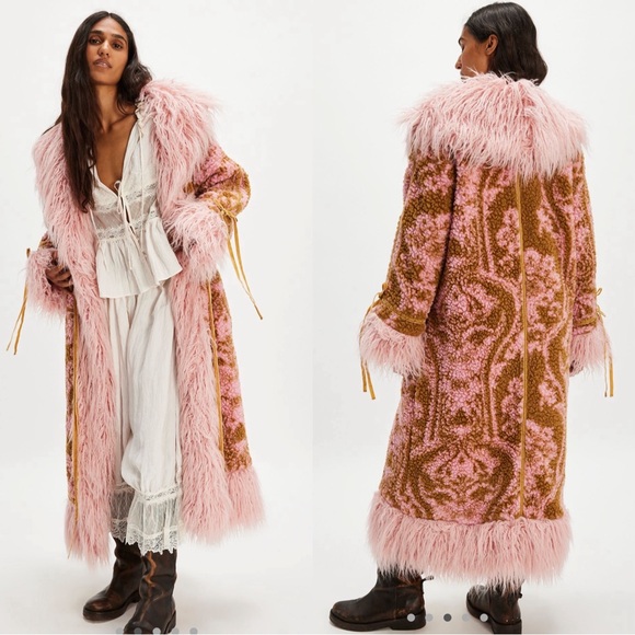 Free People Pink and Brown Faux Fur Coat - NWT - Picture 2 of 5